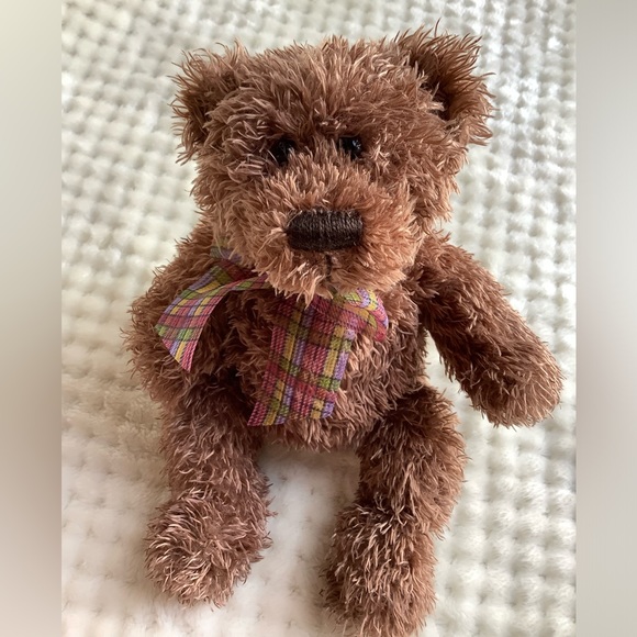 Cute Brown Plush Bear with Plaid Pink Purple Yellow Bow Stuffed Animal Toy - Picture 8 of 10